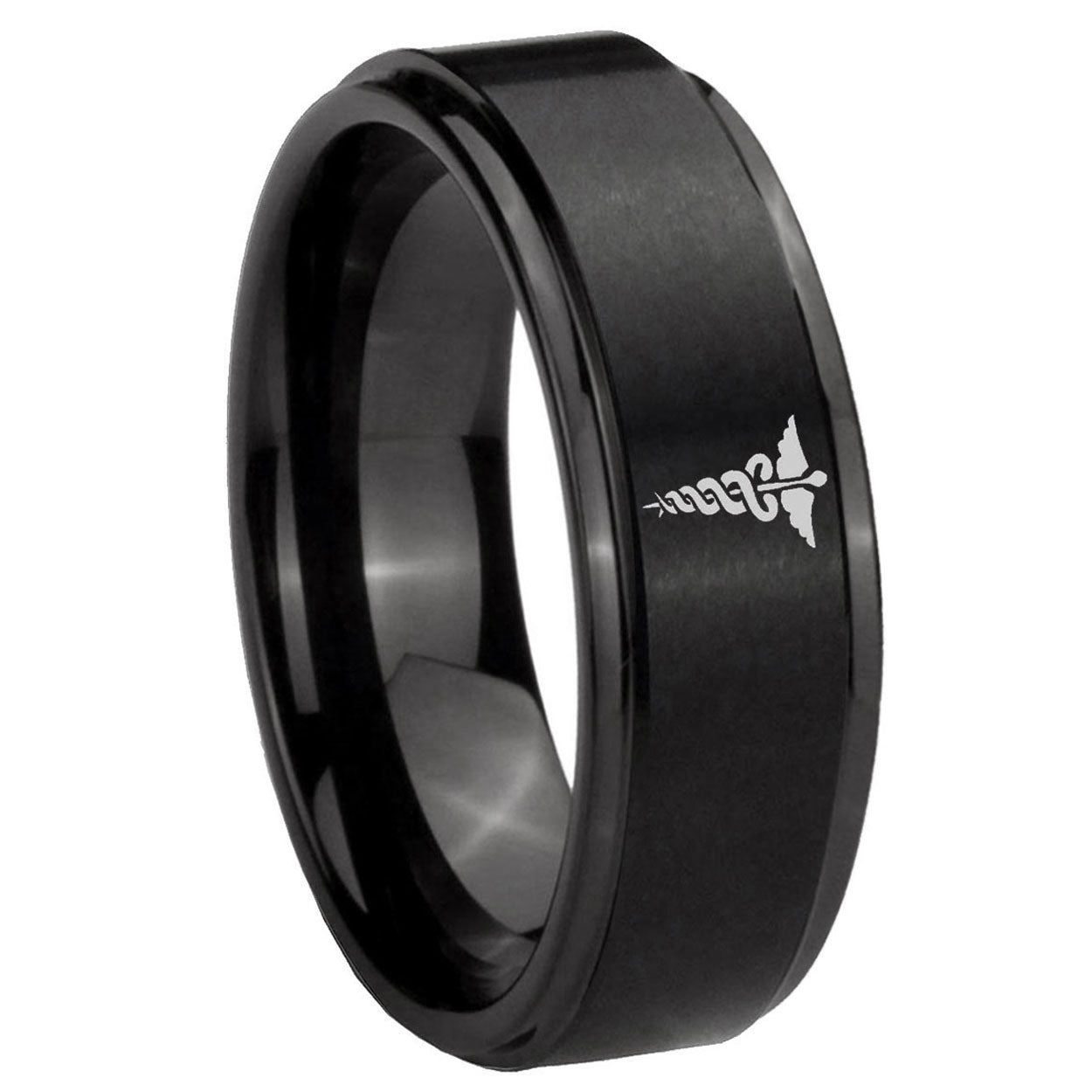 10mm Medical Symbol Step Edges Brush Black Tungsten Men's Promise Rings