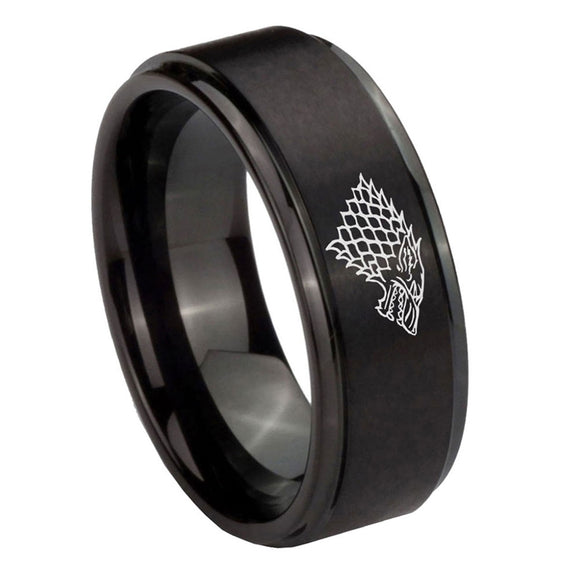 10mm-Game-Of-Thrones-House-Stark-Direwolf-Step-Edges-Brush-Black-Tungsten-Men's-Promise-Rings