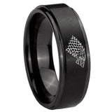 10mm Game Of Thrones House Stark Direwolf Step Edges Brush Black Tungsten Men's Promise Rings