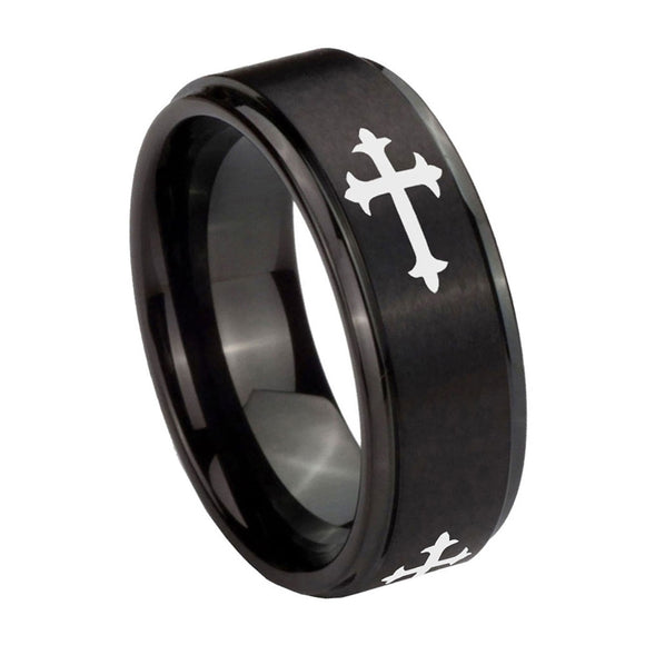 8mm-Christian-Cross-Religious-Step-Edges-Brush-Black-Tungsten-Carbide-Men's-Band-Ring