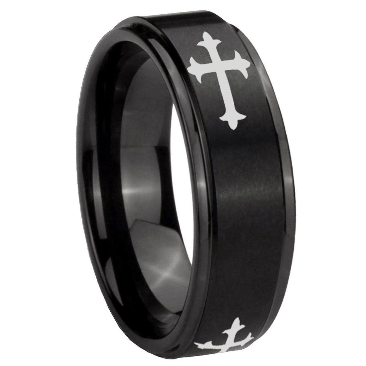 10mm Christian Cross Religious Step Edges Brush Black Tungsten Men's Promise Rings
