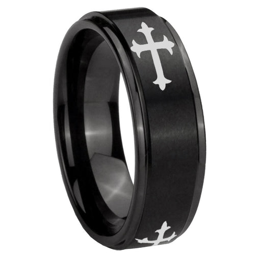 10mm Christian Cross Religious Step Edges Brush Black Tungsten Men's Promise Rings