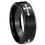 8mm Christian Cross Religious Step Edges Brush Black Tungsten Carbide Men's Band Ring