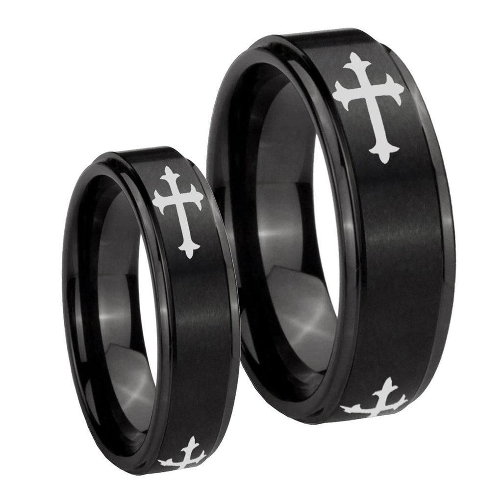 Christian Cross Religious Step Edges Brush Black Tungsten Couple Band Set