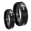 Christian Cross Religious Step Edges Brush Black Tungsten Couple Band Set