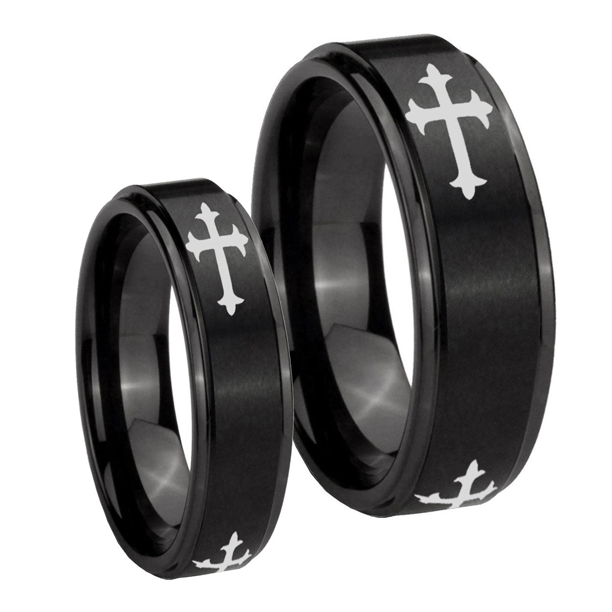 Christian Cross Religious Step Edges Brush Black Tungsten Couple Band Set