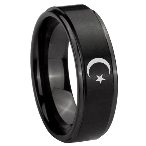 10mm Crescent Moon Stars Step Edges Brush Black Tungsten Men's Promise Rings