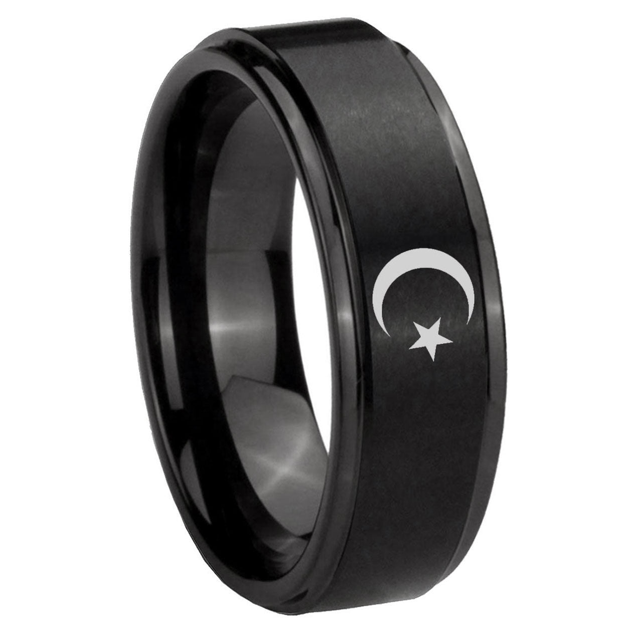 8mm Crescent Moon Stars Step Edges Brush Black Tungsten Band