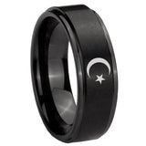 8mm Crescent Moon Stars Step Edges Brush Black Tungsten Carbide Bands Ring