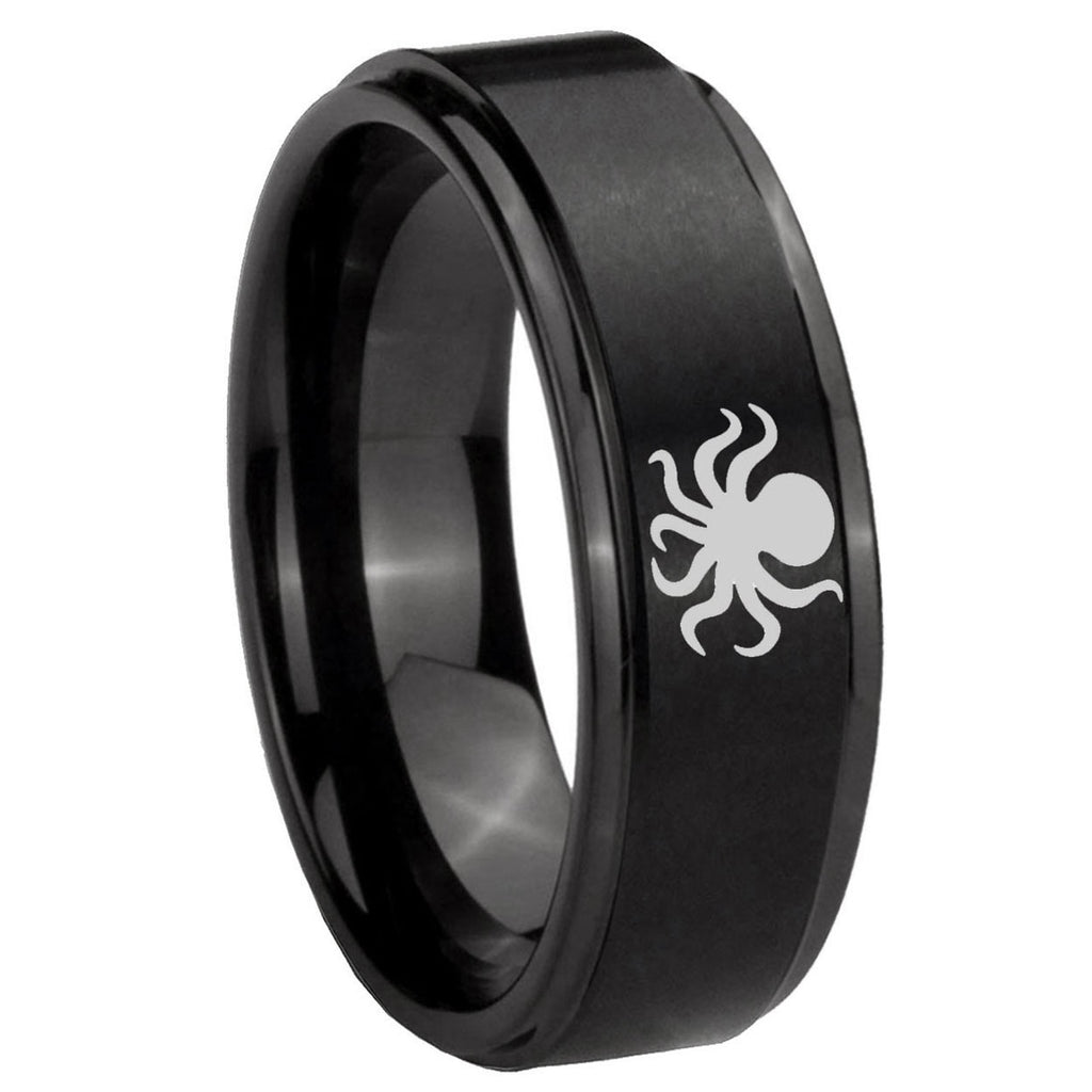 10mm Octopus Step Edges Brush Black Tungsten Men's Promise Rings