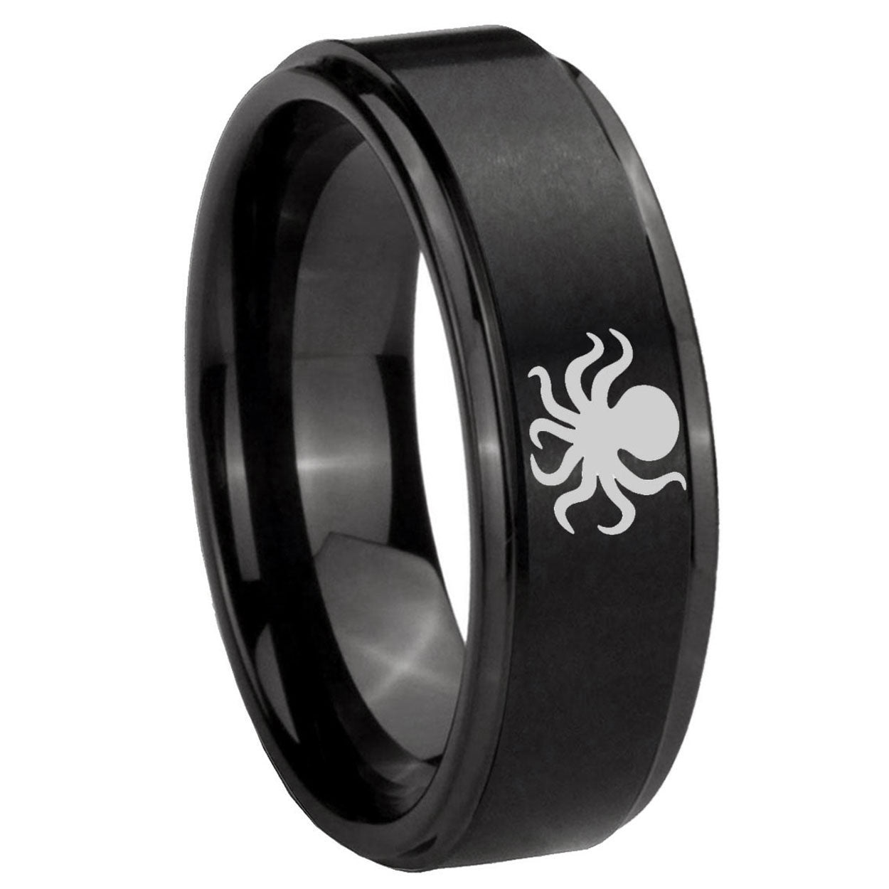 10mm Octopus Step Edges Brush Black Tungsten Men's Promise Rings