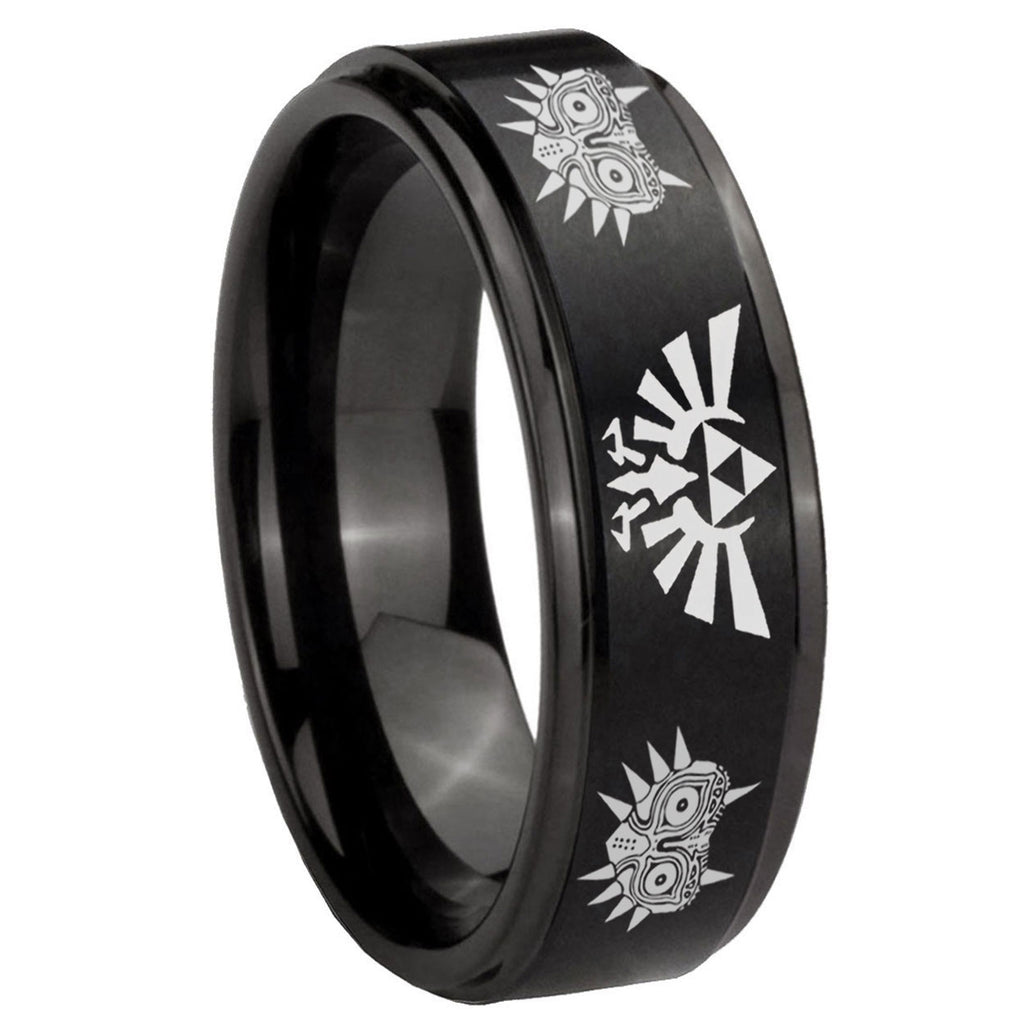 8mm Zelda Majora's Mask Step Edge Black Tungsten Male Ring