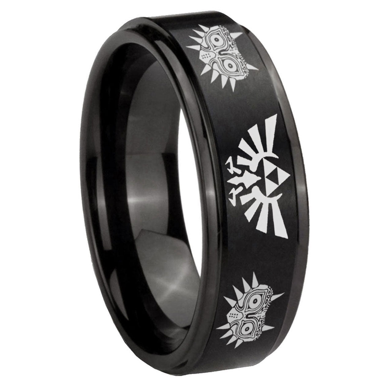 8mm Zelda Majora's Mask Step Edge Black Tungsten Male Ring