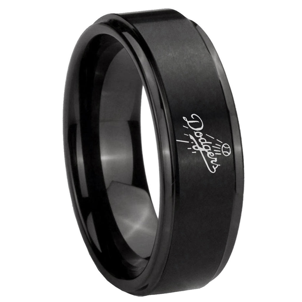 10mm LA Dogers MLB Baseball Step Edges Brush Black Tungsten Mens Ring Engraved