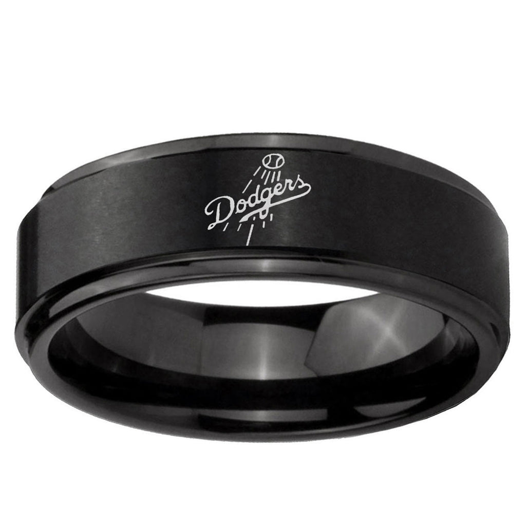 10mm LA Dogers MLB Baseball Step Edge Brush Black Tungsten Ring