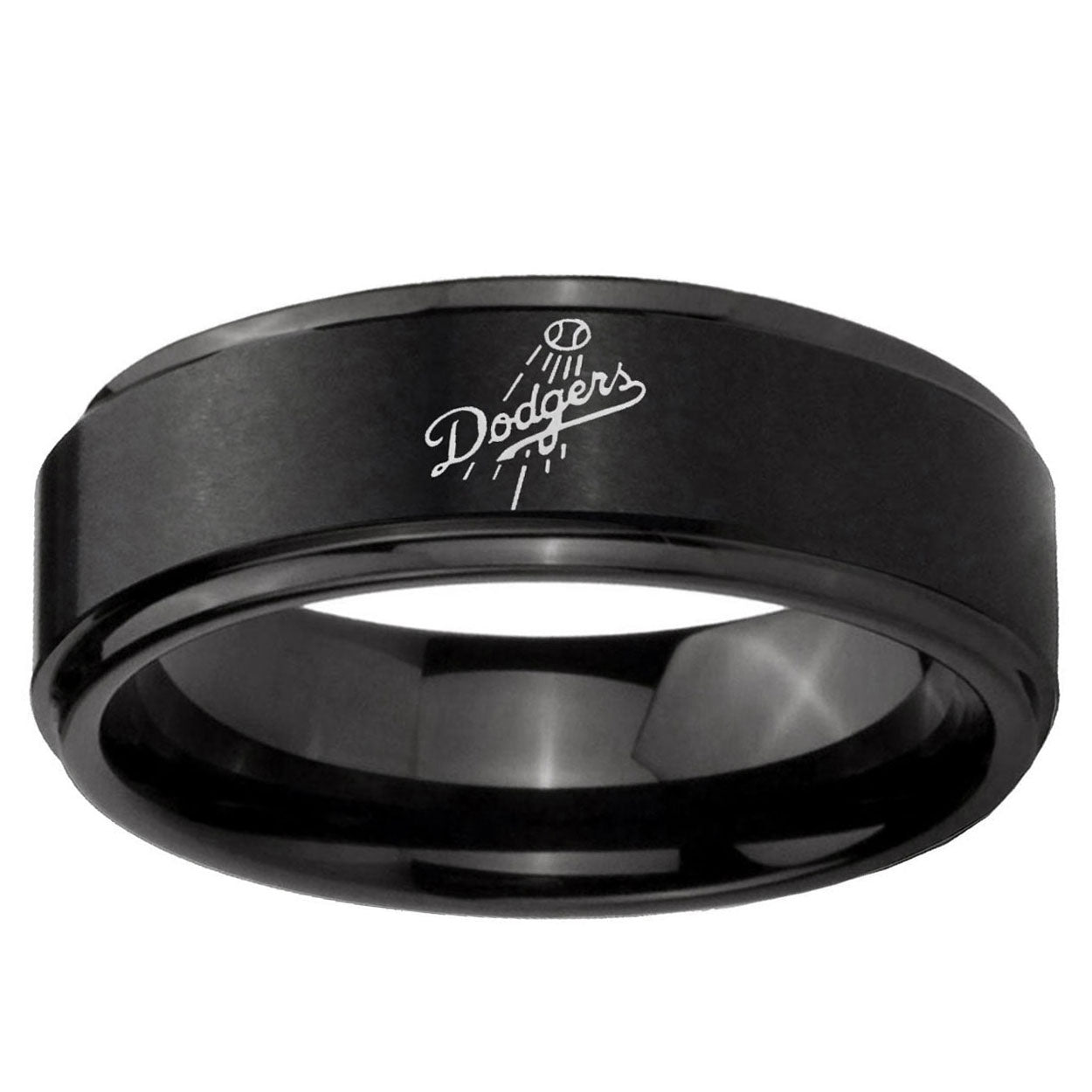 10mm LA Dogers MLB Baseball Step Edge Brush Black Tungsten Ring