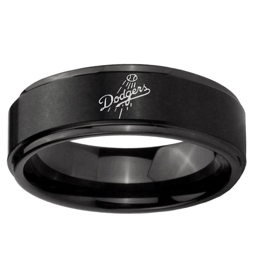 10mm LA Dogers MLB Baseball Step Edge Brush Black Tungsten Ring