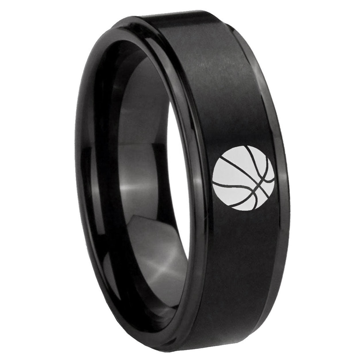 10mm Basketball Step Edges Brush Black Tungsten Carbide Mens Wedding Ring