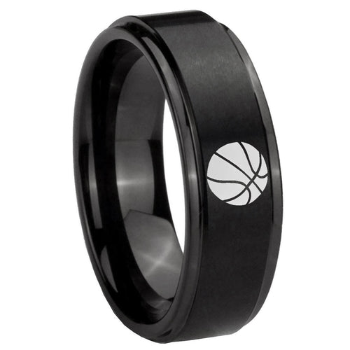 10mm Basketball Step Edges Brush Black Tungsten Carbide Mens Wedding Ring