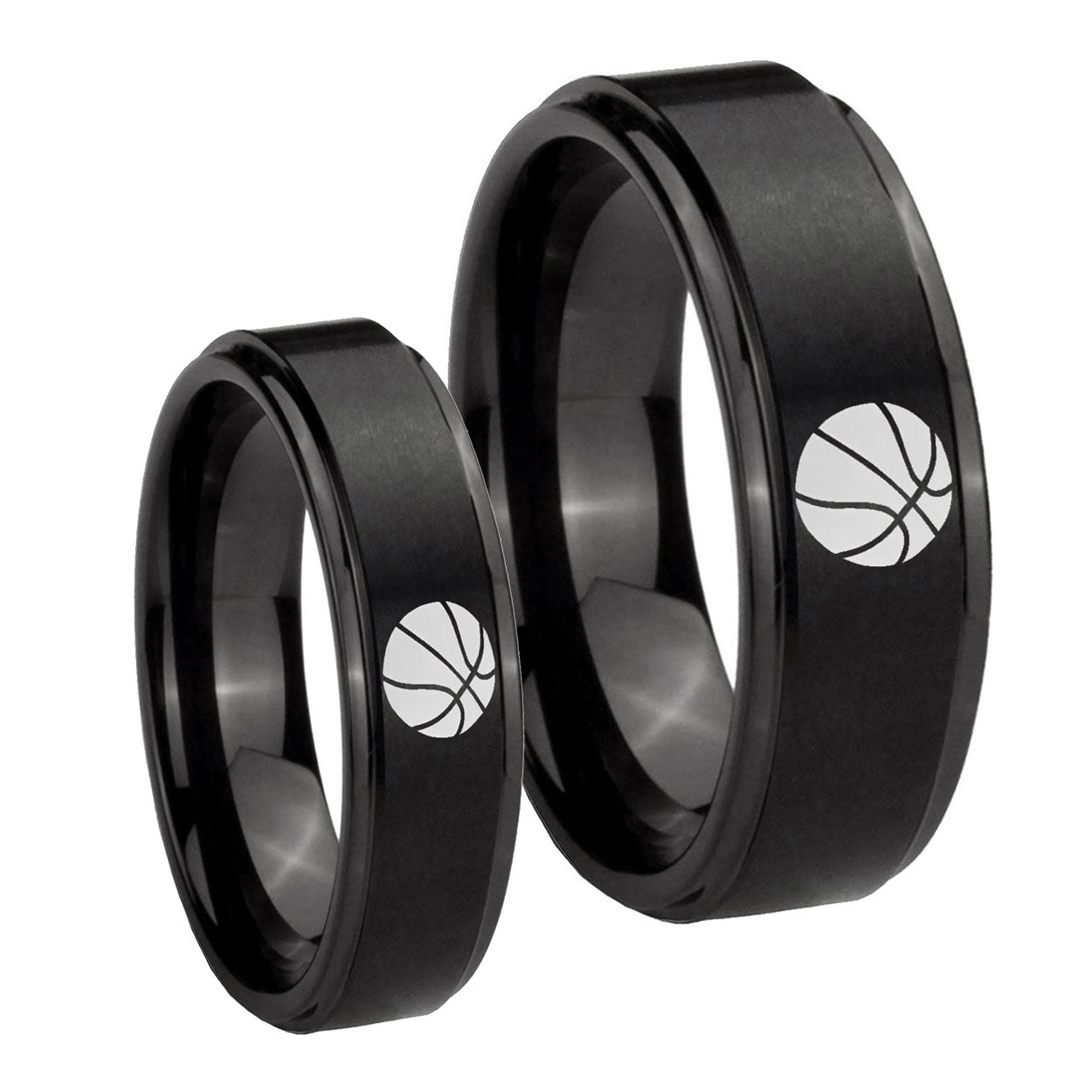 Basketball Step Edges Brush Black Tungsten His Hers Set Rings