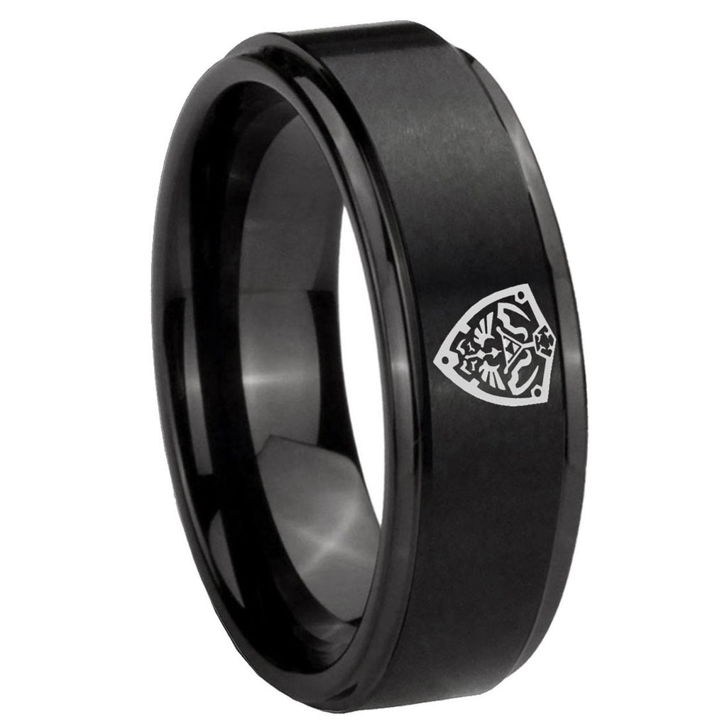 10mm Zelda Hylian Shield Step Edges Brush Black Tungsten Wedding Bands Ring