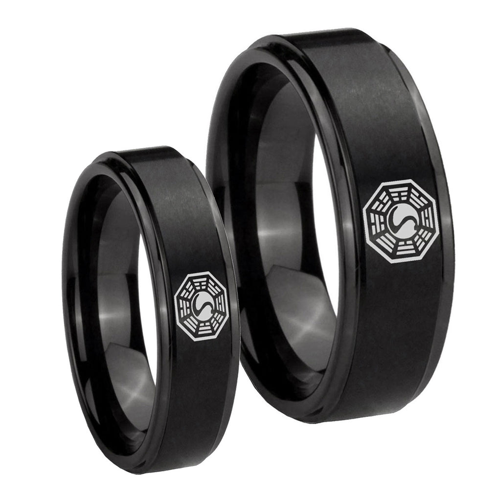 Lost Dharma Step Edges Brush Black Tungsten Mens Set Rings