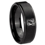 8mm Military Pow Step Edges Brush Black Tungsten Carbide Men's Wedding Ring