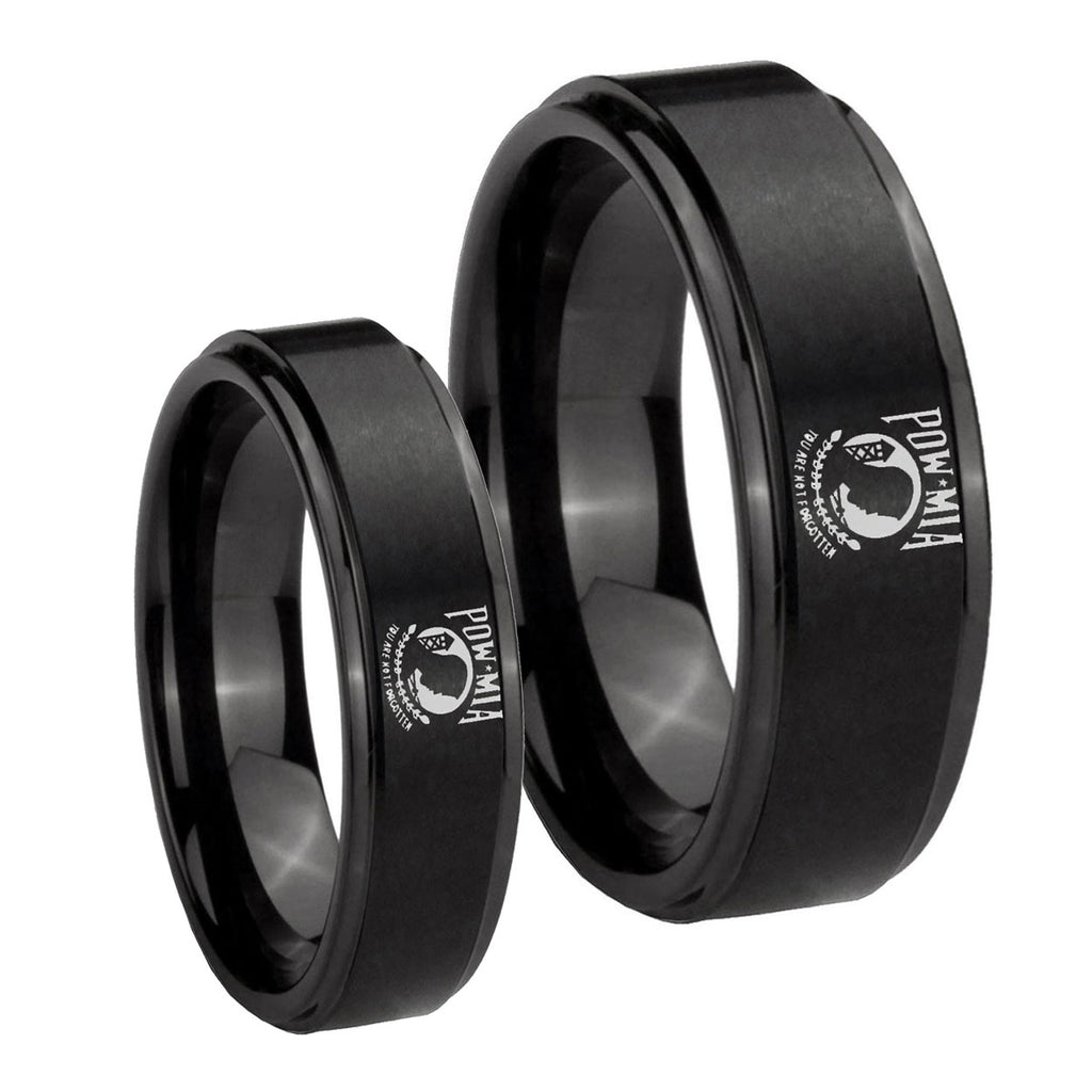 Military Pow Step Edges Brush Black Tungsten Mens Set Ring