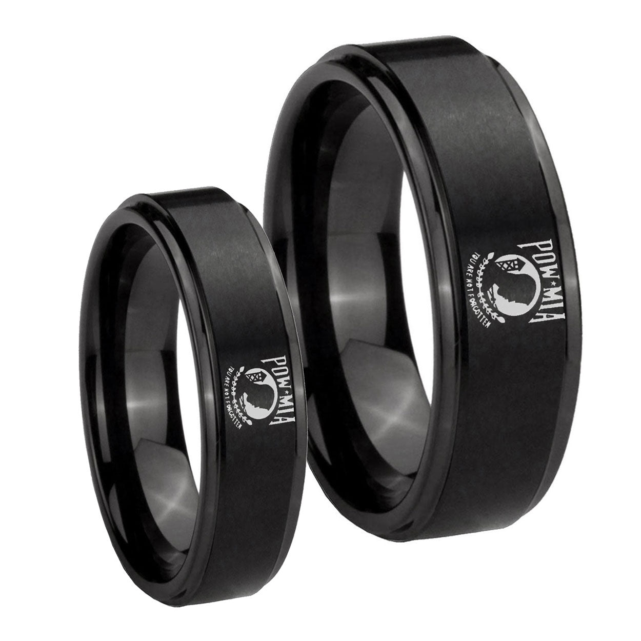 Military Pow Step Edges Brush Black Tungsten Mens Set Ring