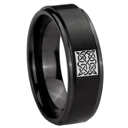 10mm Celtic Design Step Edges Brush Black Tungsten Carbide Anniversary Ring