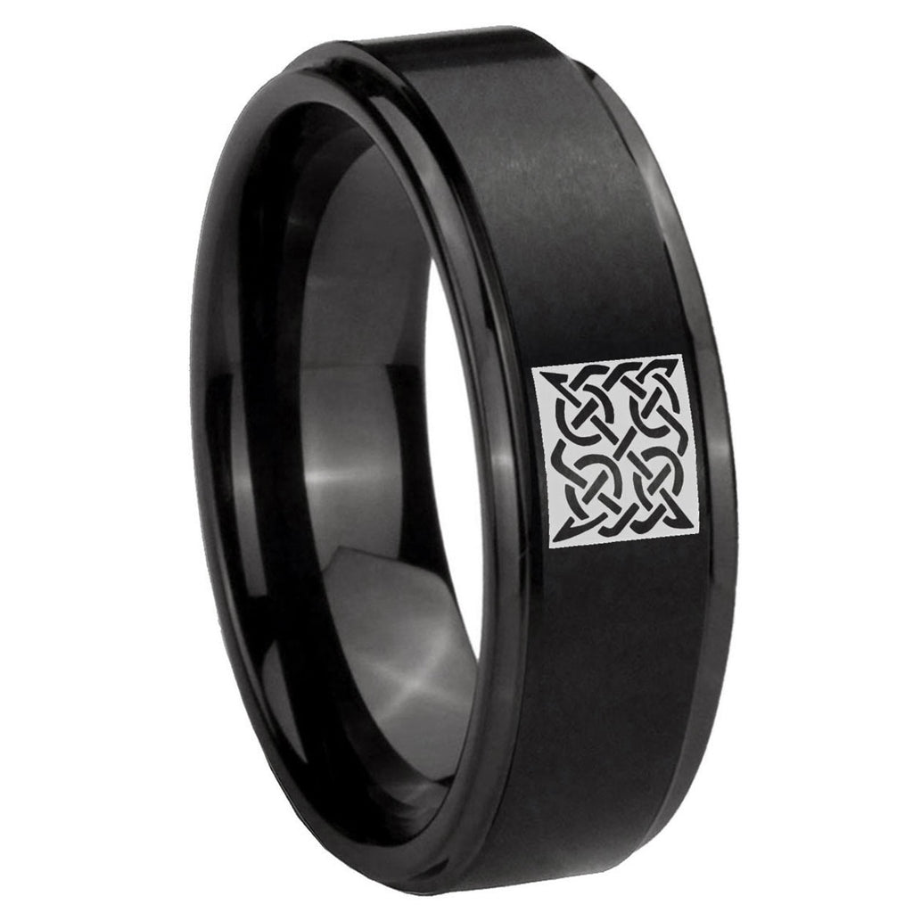 8mm Celtic Design Step Edges Brush Black Tungsten Ring