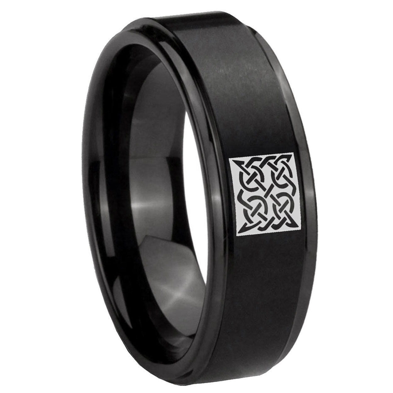 8mm Celtic Design Step Edges Brush Black Tungsten Ring