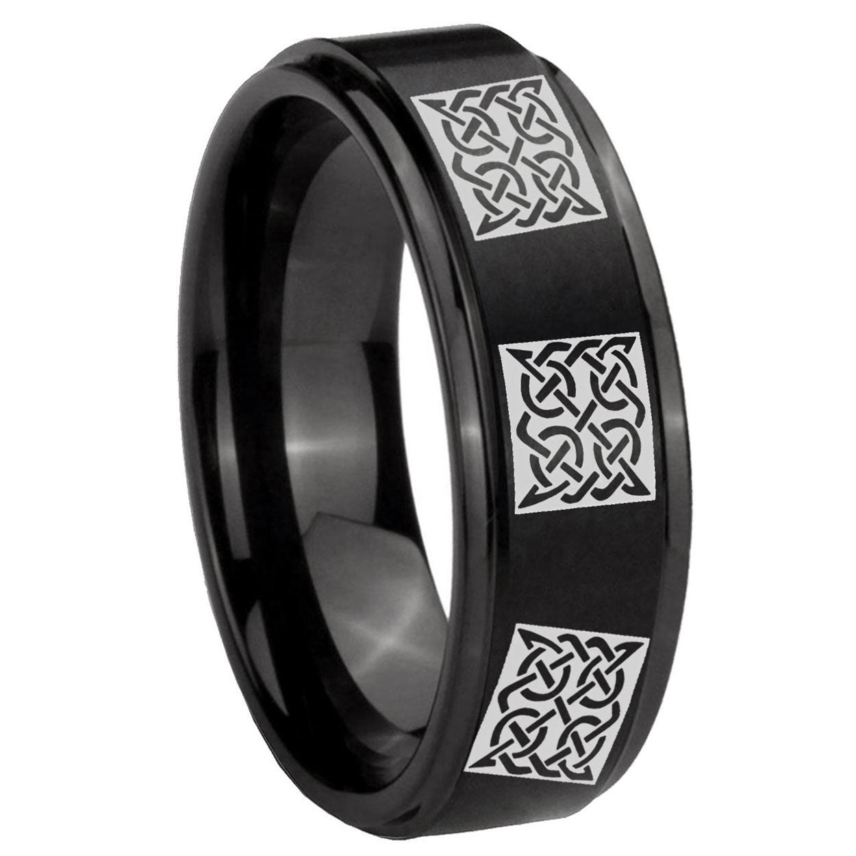 10mm Multiple Celtic Step Edges Brush Black Tungsten Carbide Bands Ring