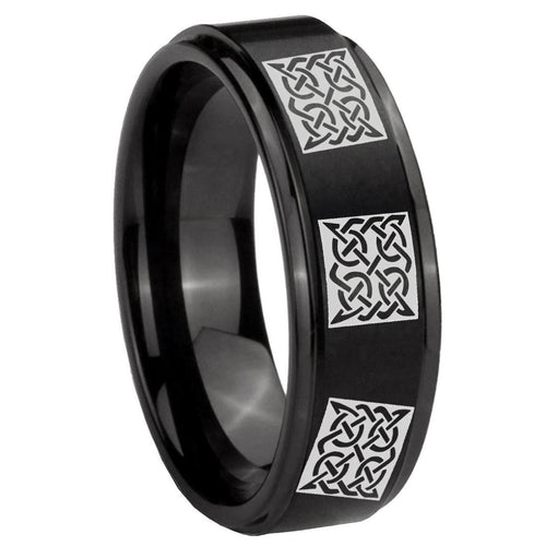 10mm Multiple Celtic Step Edges Brush Black Tungsten Carbide Bands Ring