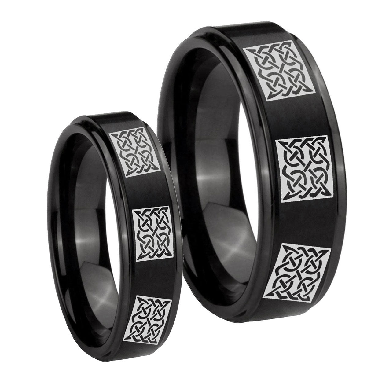 Multiple Celtic Step Edges Brush Black Tungsten Bridal Set Rings