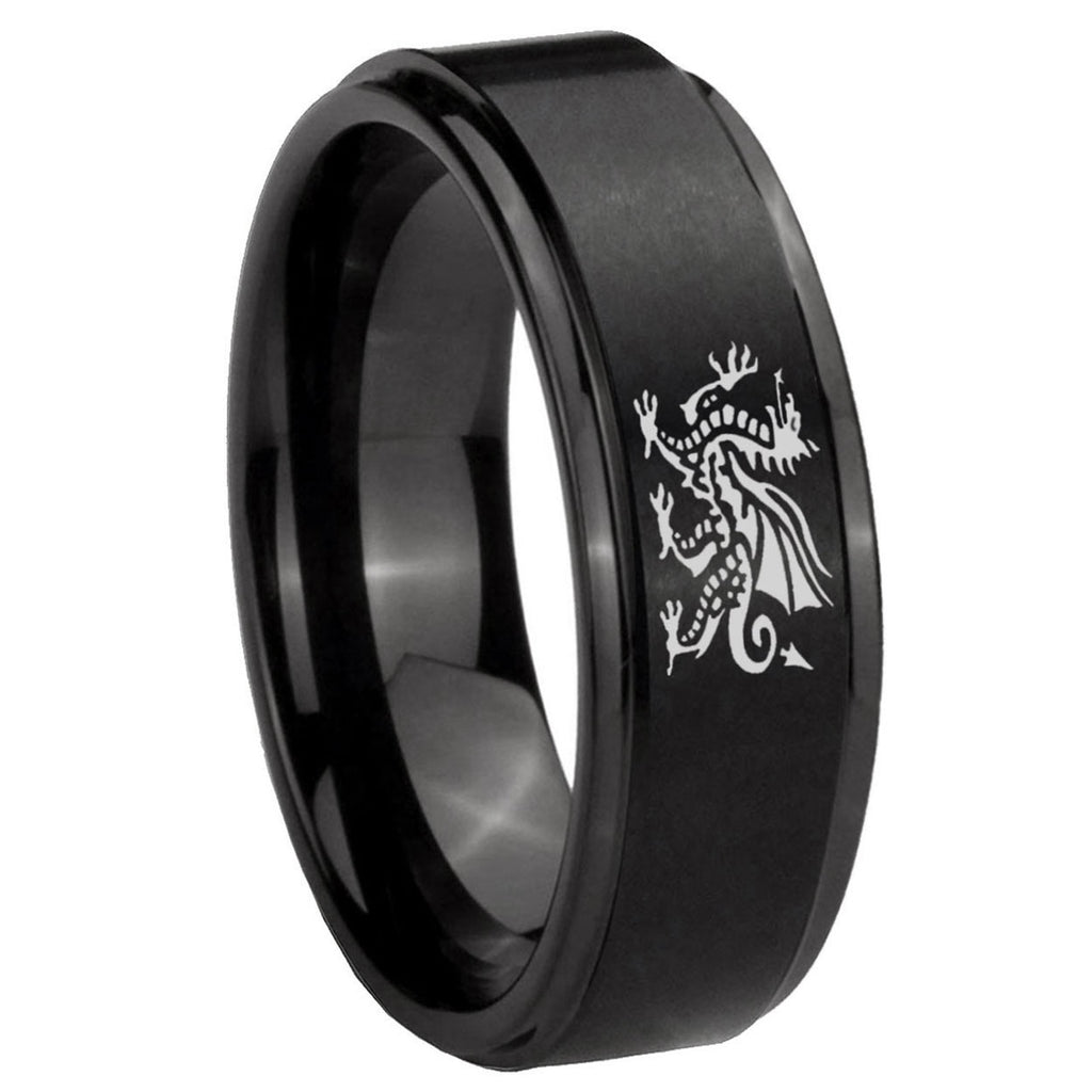 8mm Dragon Step Edges Brush Black Tungsten Ring for Men
