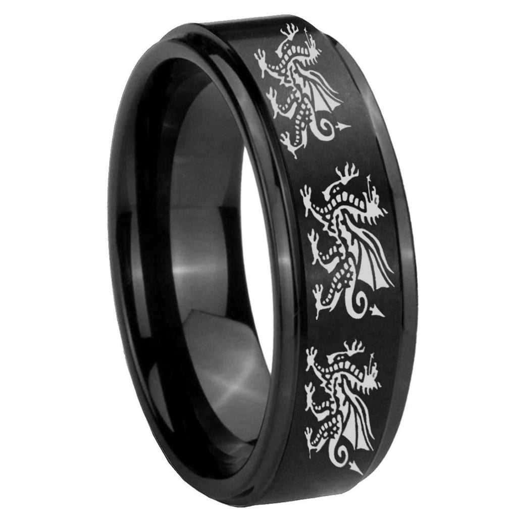 8mm Multiple Dragon Step Edges Brush Black Tungsten Ring