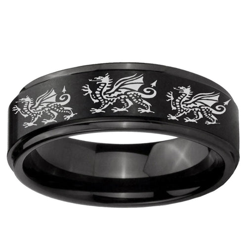 10mm Multiple Dragon Step Edge Brush Black Tungsten Wedding Engraving Ring