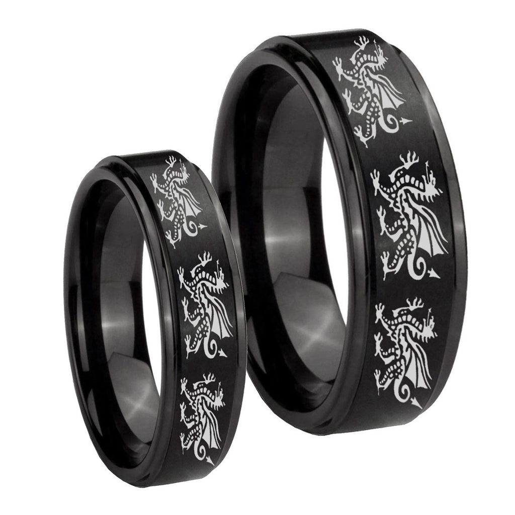 Multiple Dragon Step Edges Brush Black Tungsten Couple Rings