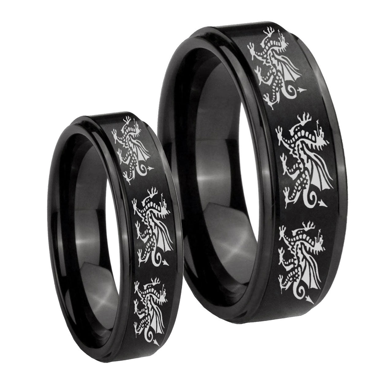 Multiple Dragon Step Edges Brush Black Tungsten Couple Rings