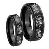 His Hers Multiple Dragon Step Edges Brush Black Tungsten Rings for Men Set