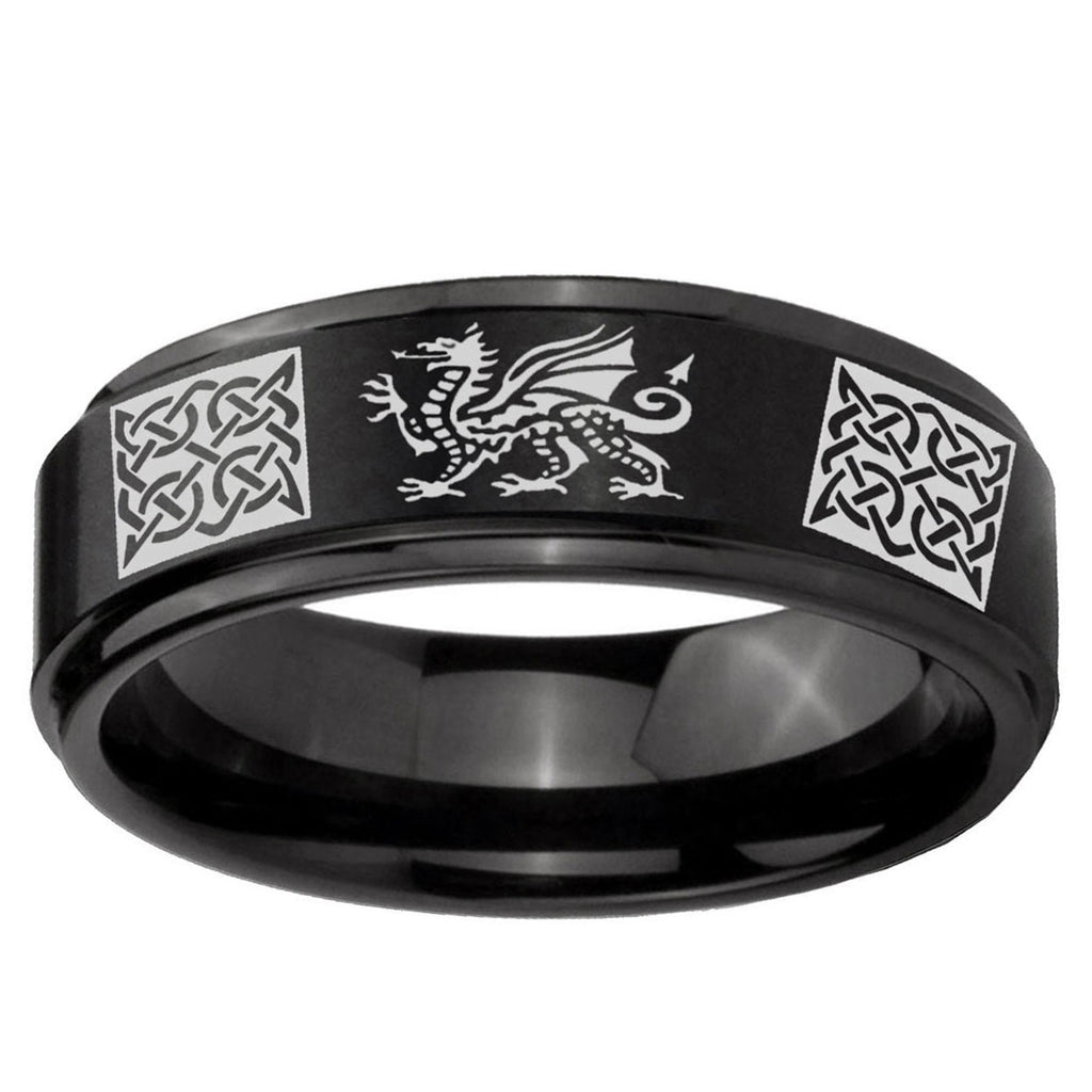 10mm Multiple Dragon Celtic Step Edge Brush Black Tungsten Ring