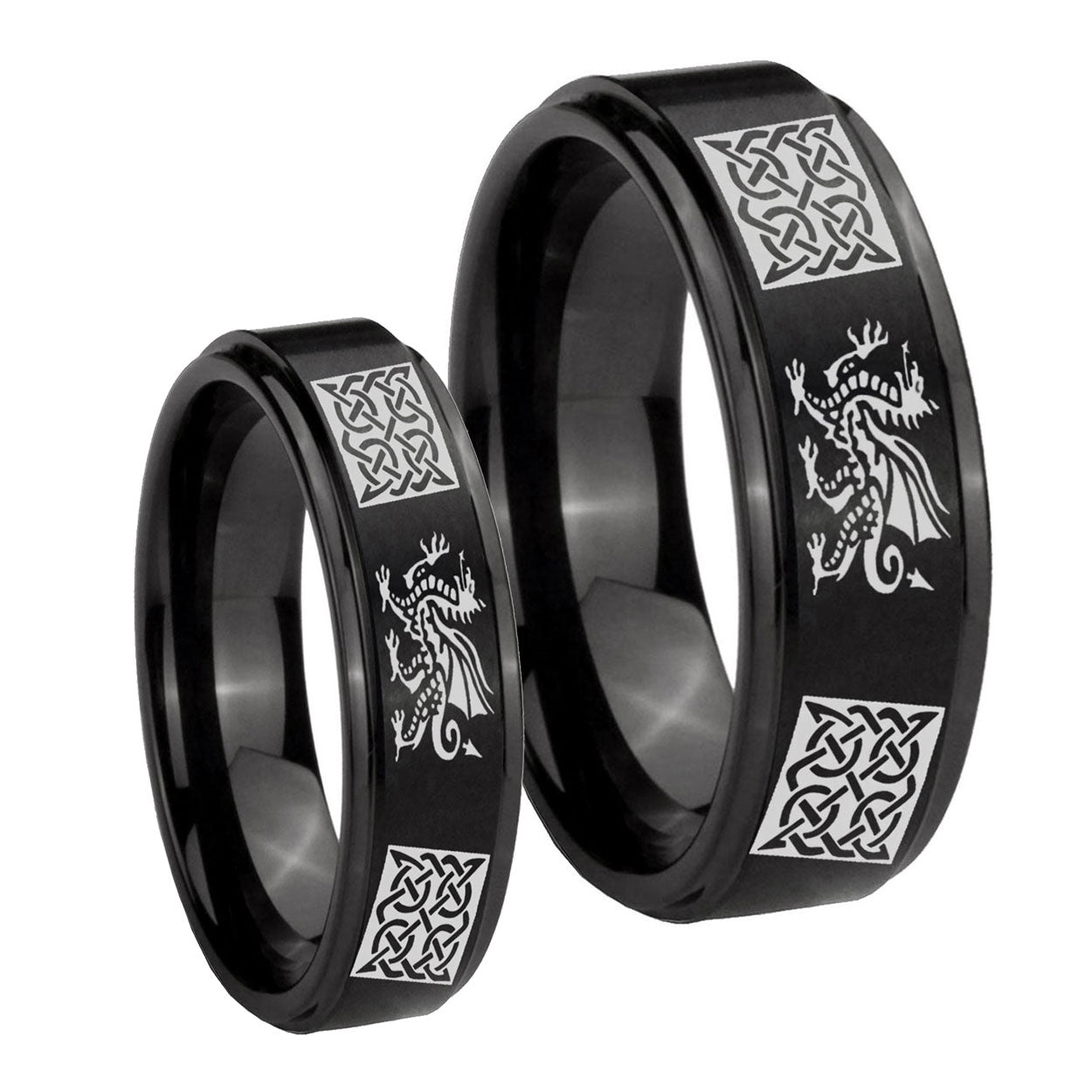 Multiple Dragon Celtic Step Edges Brush Black Tungsten Couples Ring Set