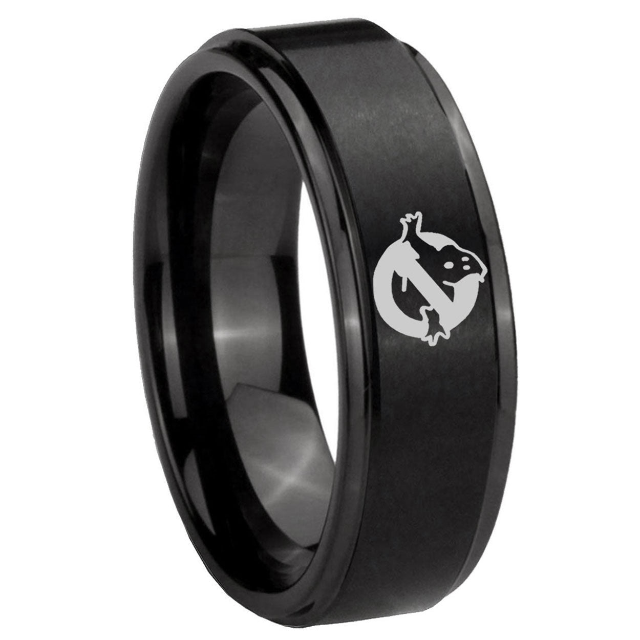 10mm Ghostbusters Step Edges Brush Black Tungsten Carbide Custom Ring for Men
