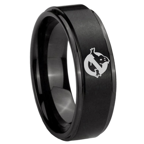 10mm Ghostbusters Step Edges Brush Black Tungsten Carbide Custom Ring for Men