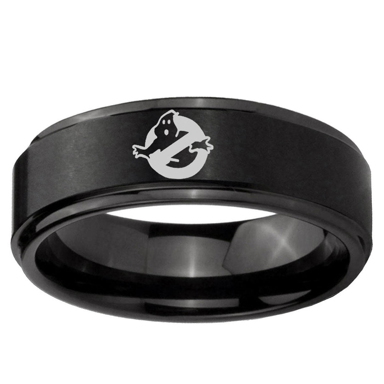 10mm Ghostbusters Step Edge Brush Black Tungsten Carbide Custom Ring for Men