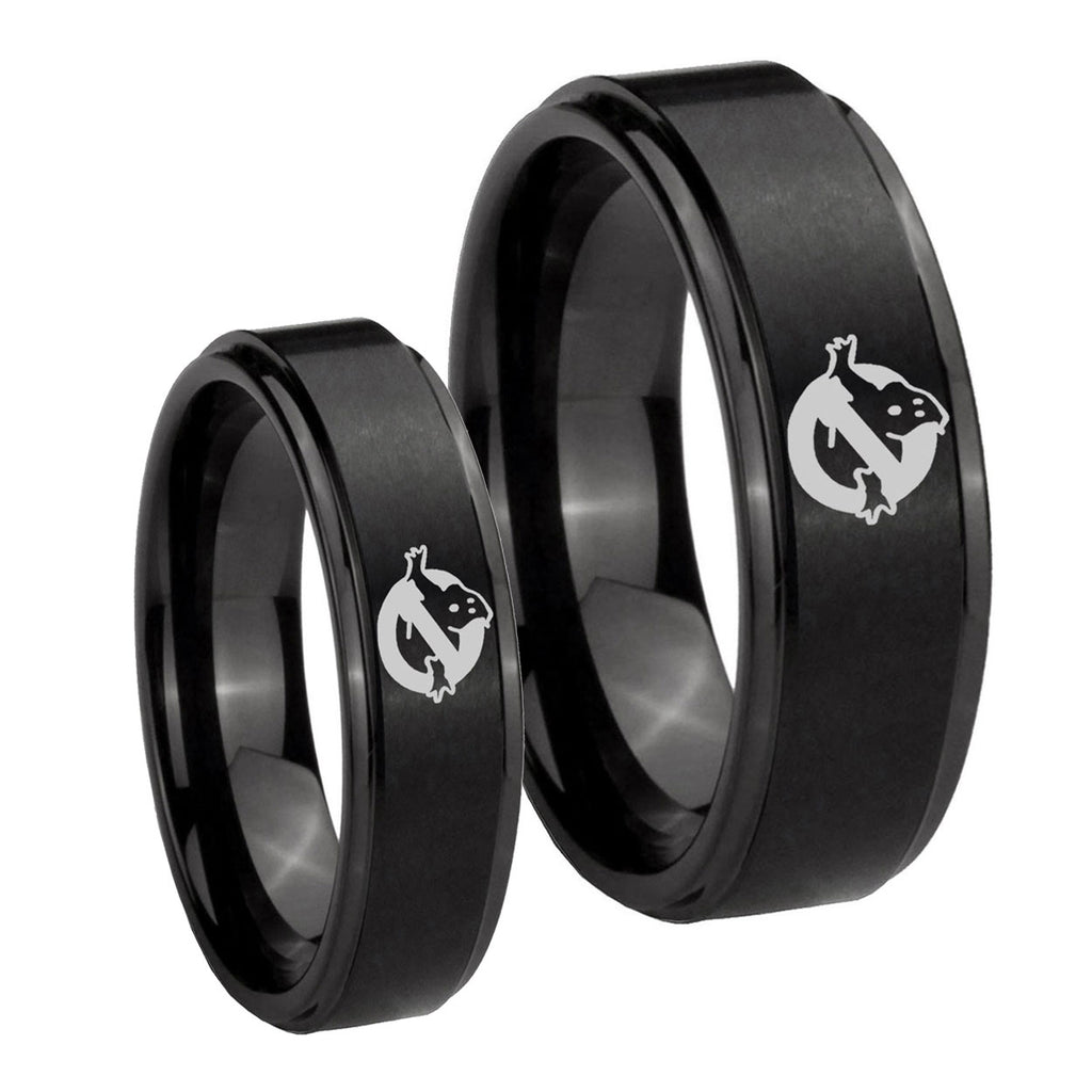 Ghostbusters Step Edges Brush Black Tungsten Couple Wedding Rings