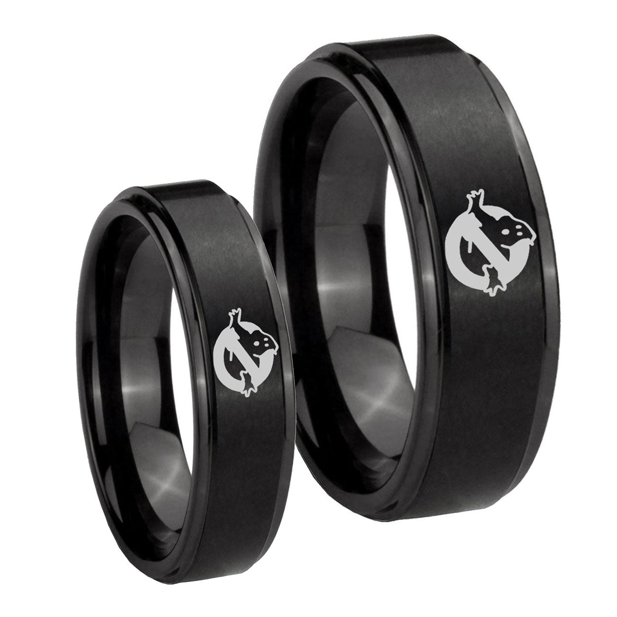 Ghostbusters Step Edges Brush Black Tungsten Couple Wedding Rings