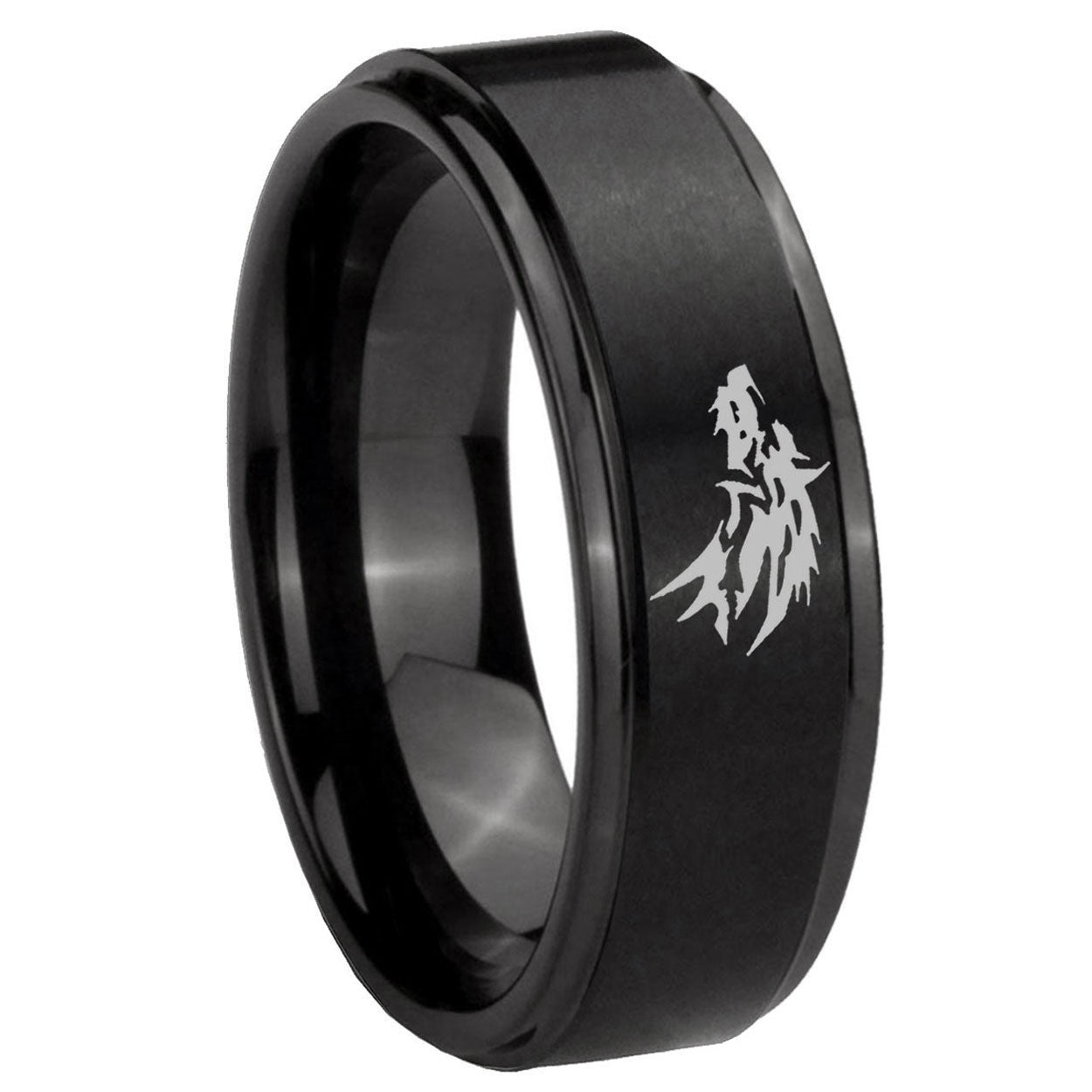 10mm Wolf Step Edges Brush Black Tungsten Carbide Engagement Ring