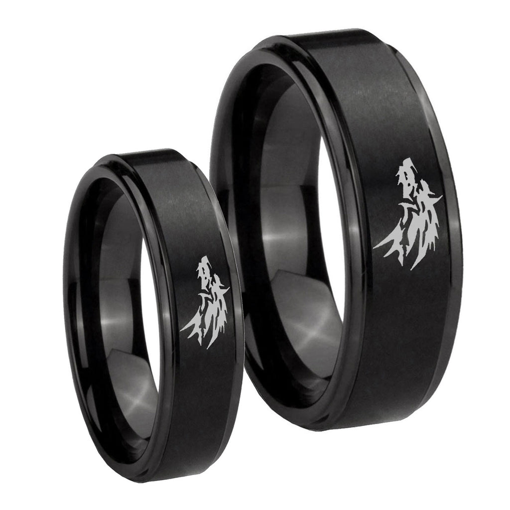 Wolf Step Edges Brush Black Tungsten Bridal Ring Set